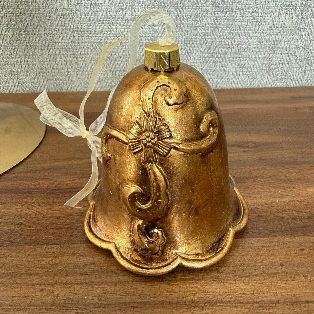 Vintage Golden Christmas Ornaments Set 2 Heart and Bell Baroque Scrollwork Decor
